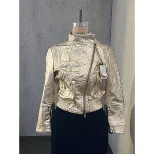 GIANFRANCO FERRE Biker Jacket Gold Leather Lame WOMEN'S Cropped Italy Sz 36
